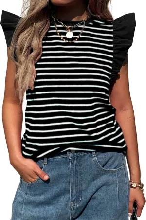 Women's Ruffle Cap Short Sleeve Striped T Shirts Summer Casual Loose Fit Top Basic Tee Tunic Tops