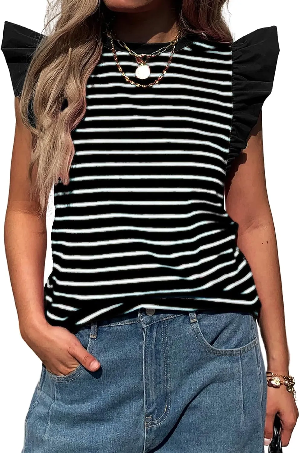 Women's Ruffle Cap Short Sleeve Striped T Shirts Summer Casual Loose Fit Top Basic Tee Tunic Tops