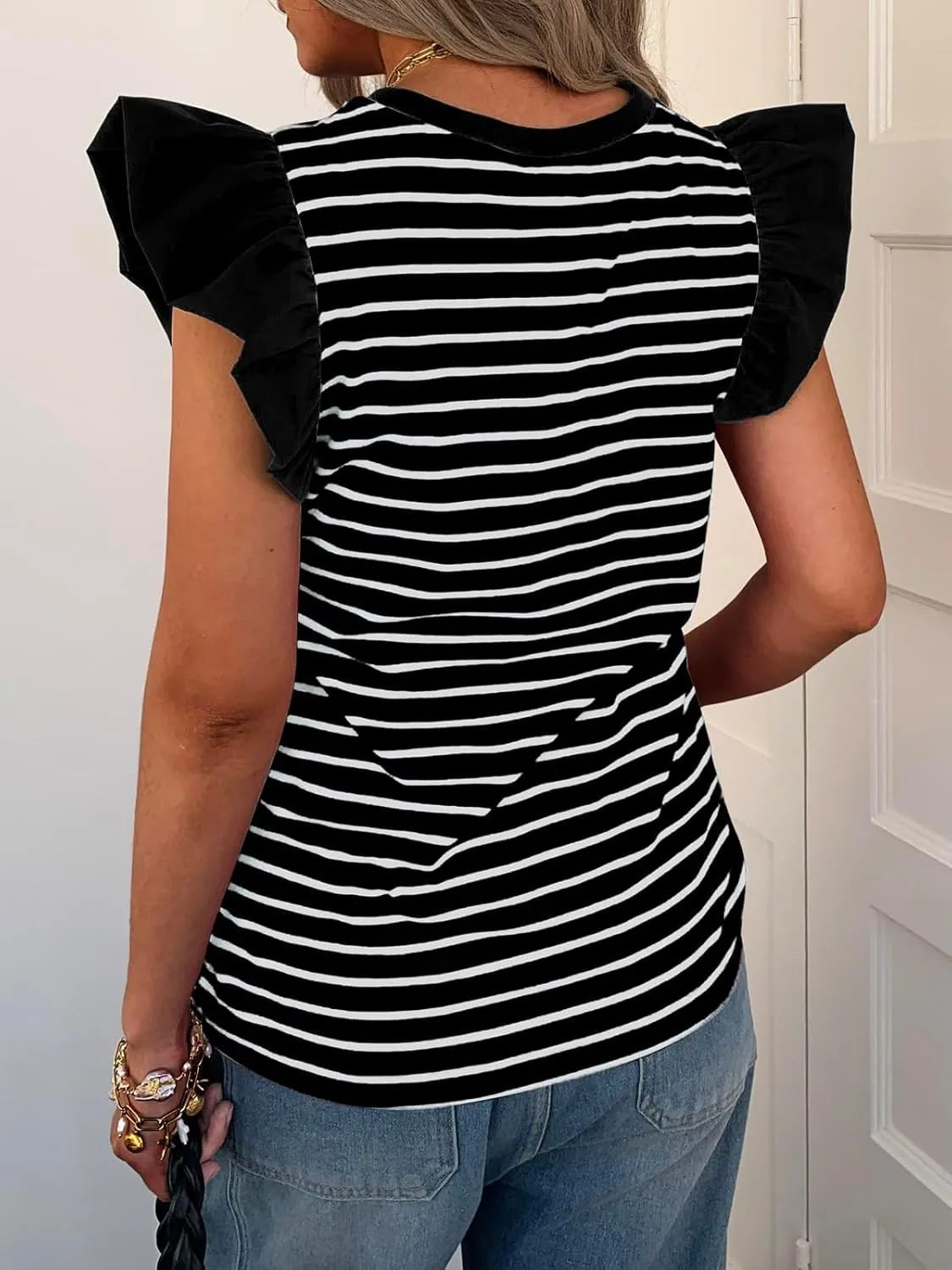 Women's Ruffle Cap Short Sleeve Striped T Shirts Summer Casual Loose Fit Top Basic Tee Tunic Tops