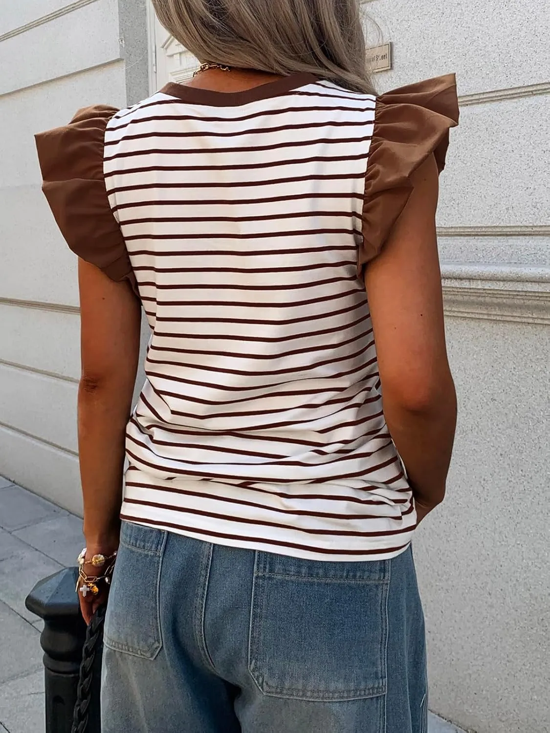 Women's Ruffle Cap Short Sleeve Striped T Shirts Summer Casual Loose Fit Top Basic Tee Tunic Tops