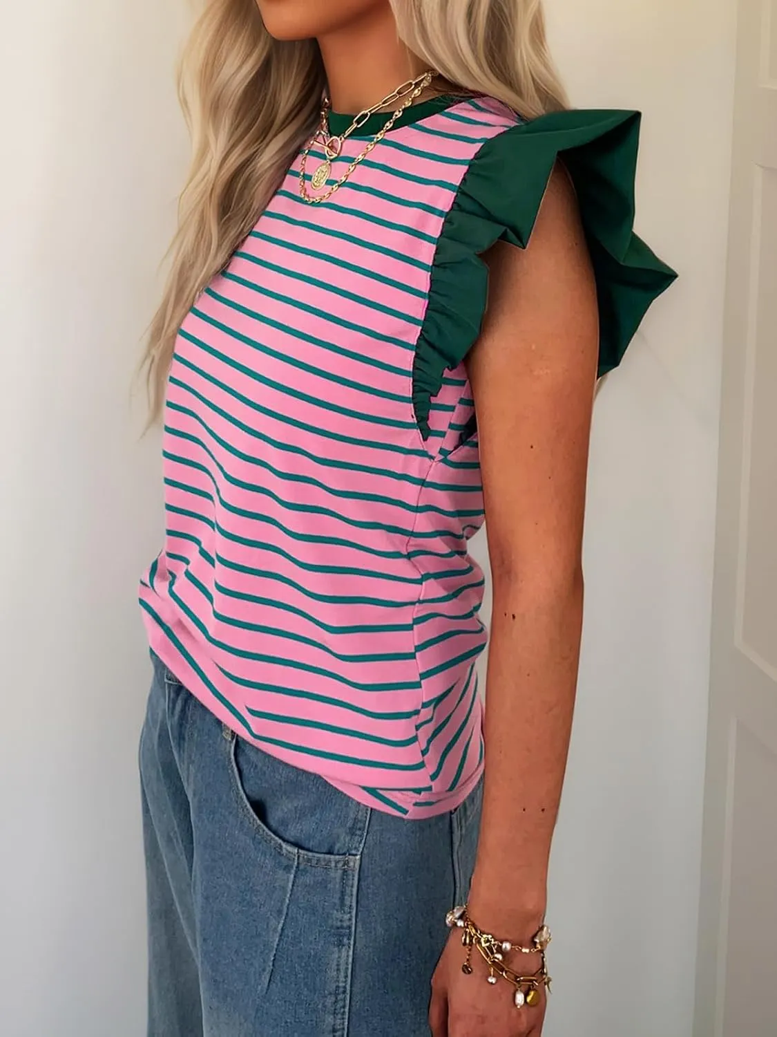 Women's Ruffle Cap Short Sleeve Striped T Shirts Summer Casual Loose Fit Top Basic Tee Tunic Tops