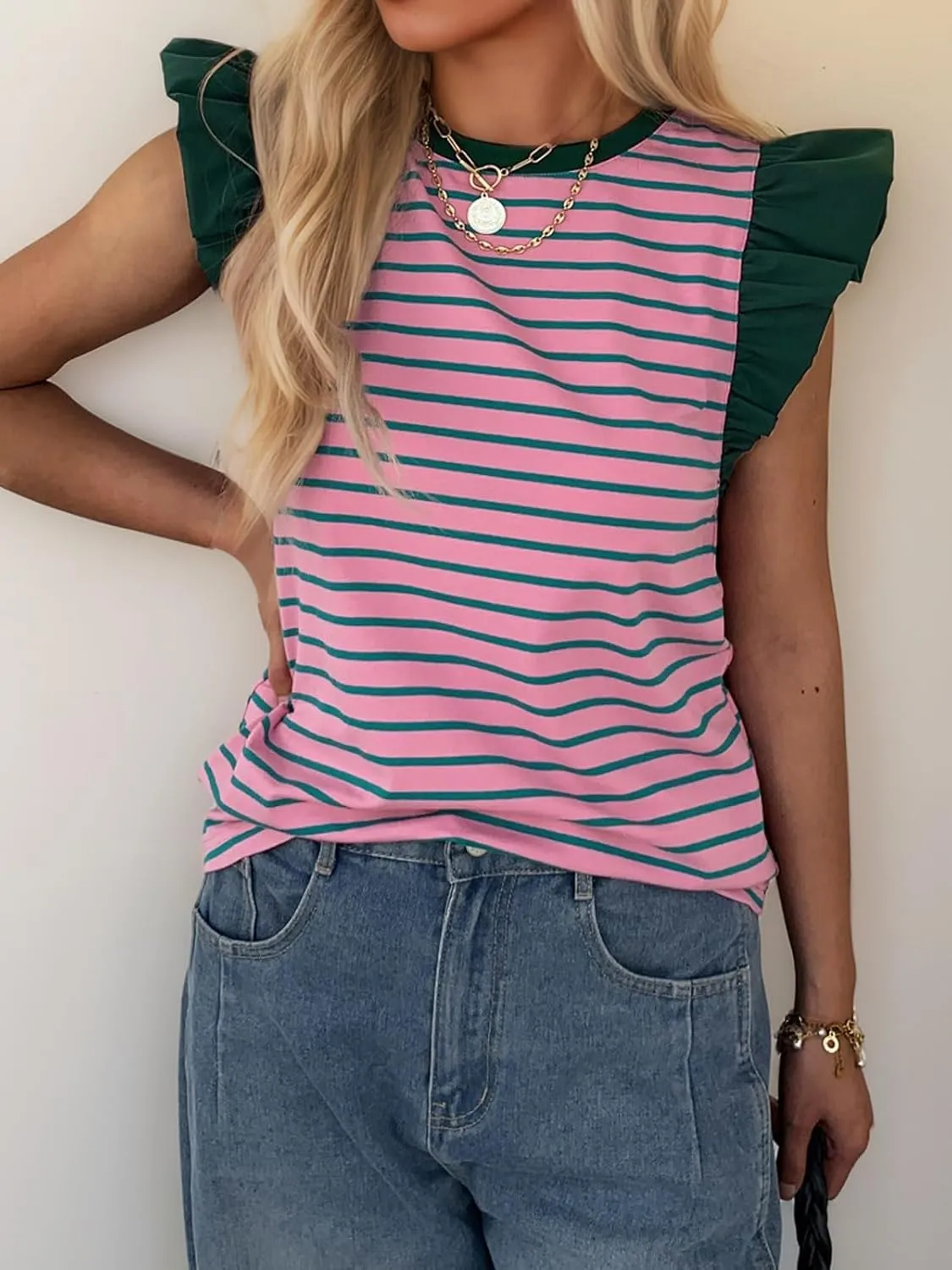 Women's Ruffle Cap Short Sleeve Striped T Shirts Summer Casual Loose Fit Top Basic Tee Tunic Tops