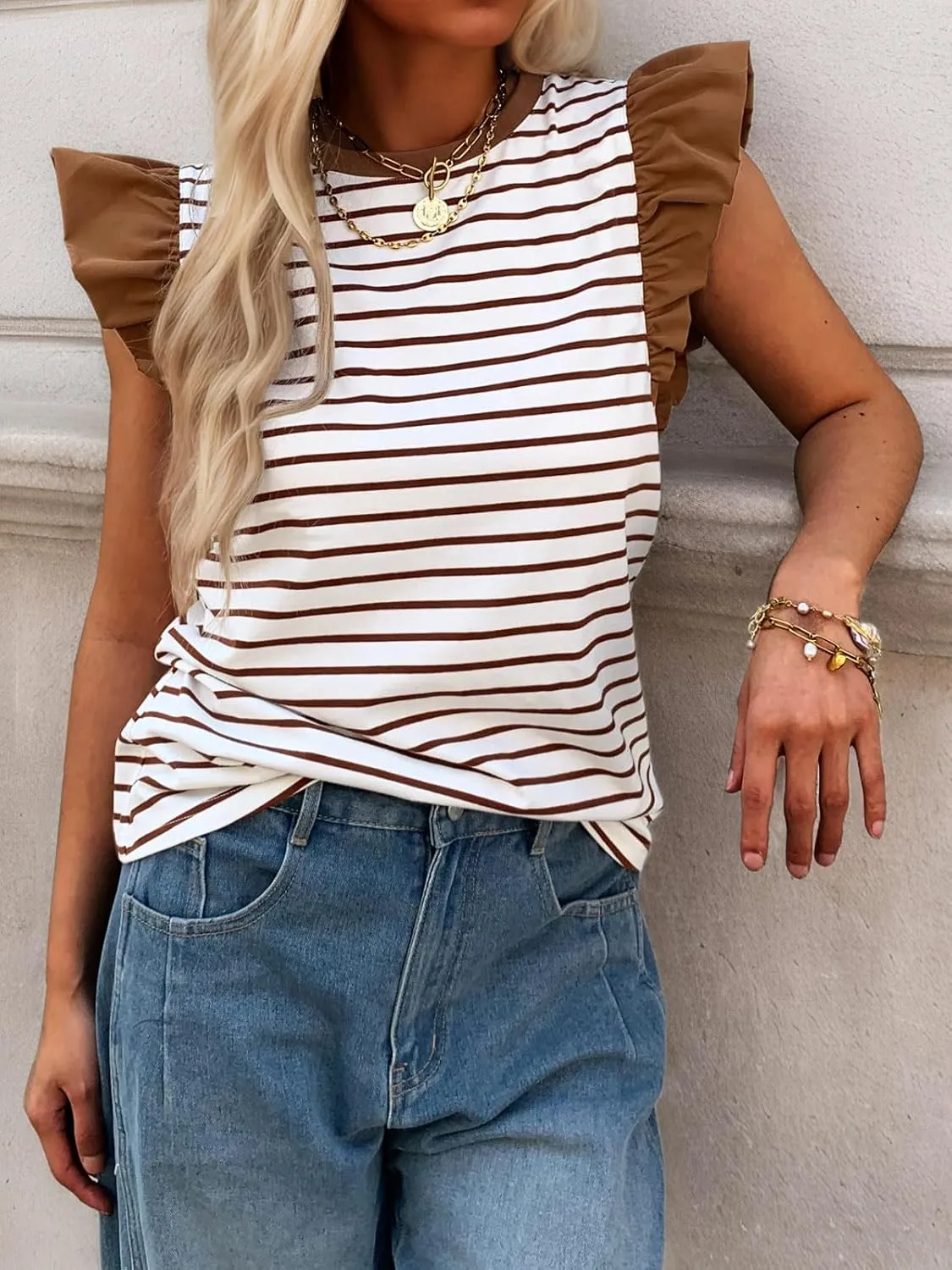 Women's Ruffle Cap Short Sleeve Striped T Shirts Summer Casual Loose Fit Top Basic Tee Tunic Tops
