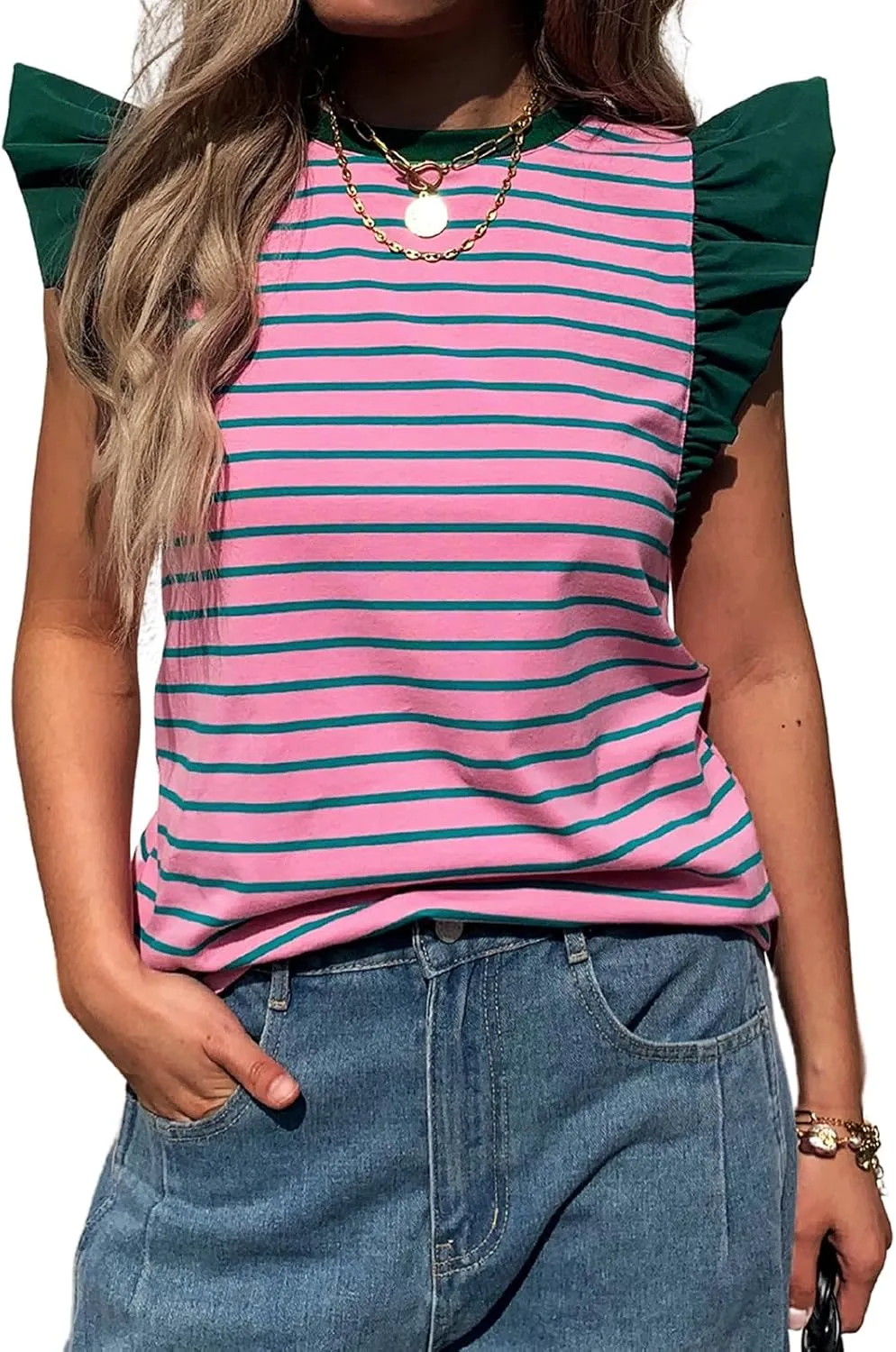 Women's Ruffle Cap Short Sleeve Striped T Shirts Summer Casual Loose Fit Top Basic Tee Tunic Tops