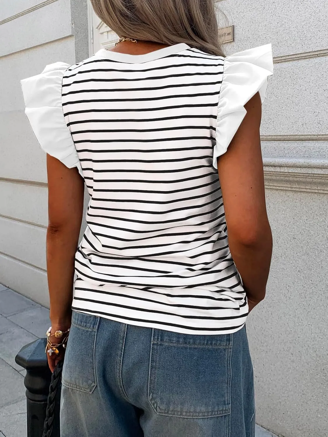 Women's Ruffle Cap Short Sleeve Striped T Shirts Summer Casual Loose Fit Top Basic Tee Tunic Tops