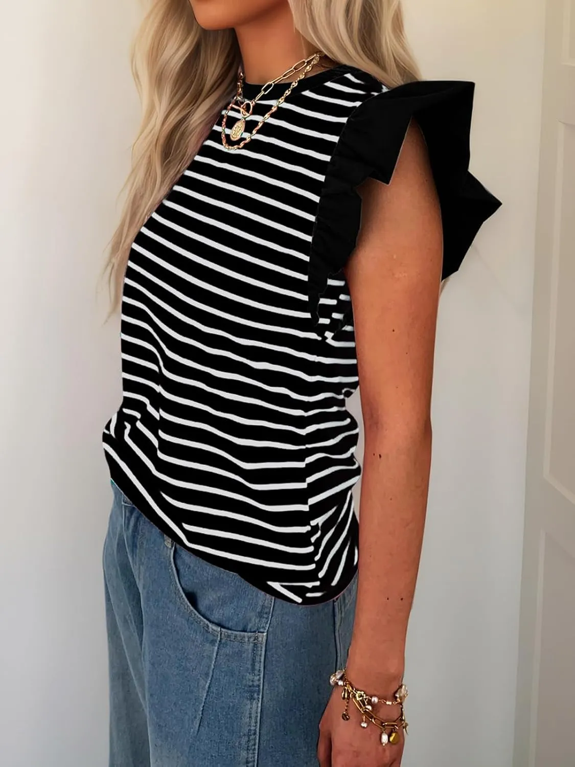 Women's Ruffle Cap Short Sleeve Striped T Shirts Summer Casual Loose Fit Top Basic Tee Tunic Tops