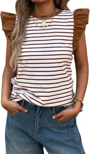 Women's Ruffle Cap Short Sleeve Striped T Shirts Summer Casual Loose Fit Top Basic Tee Tunic Tops